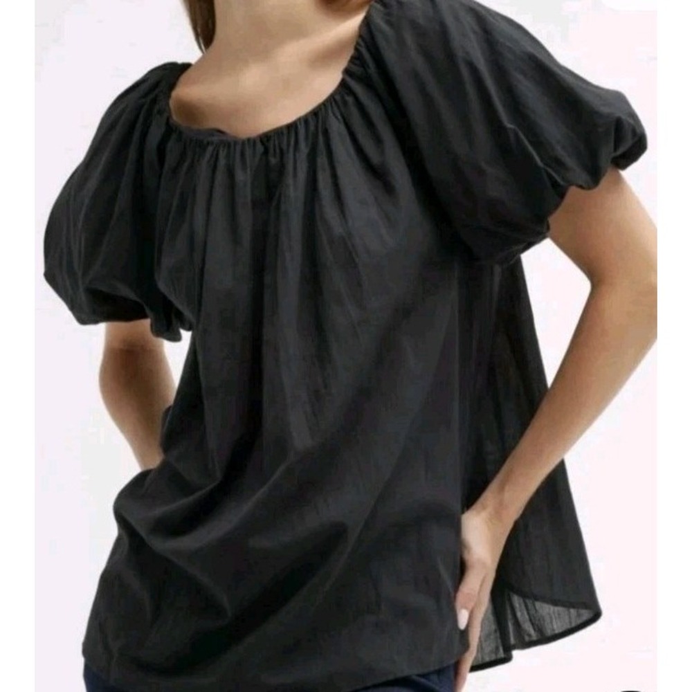 New Harshman Keiko Smocked Puff Bubble Sleeve XS Blouse‎ Top Black Thin Cotton
